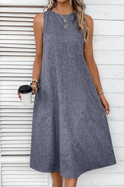 Vestidos casuales sencillos, lisos, con bolsillos y cuello redondo, sin mangas