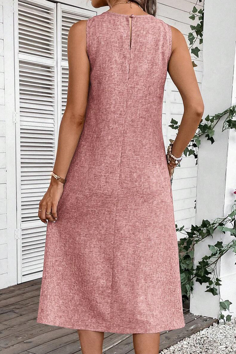 Vestidos casuales sencillos, lisos, con bolsillos y cuello redondo, sin mangas