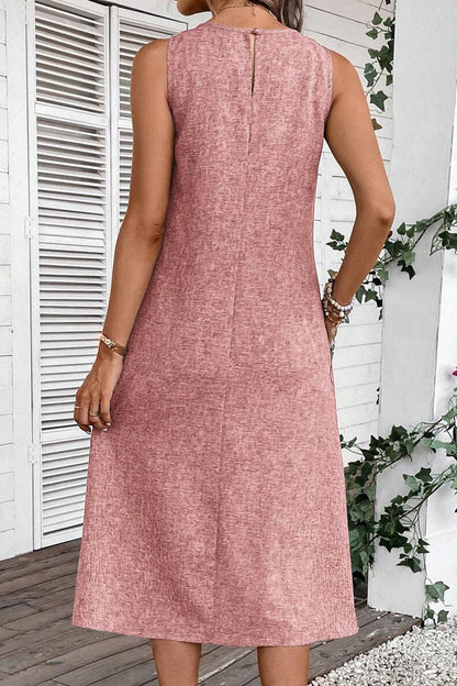 Vestidos casuales sencillos, lisos, con bolsillos y cuello redondo, sin mangas