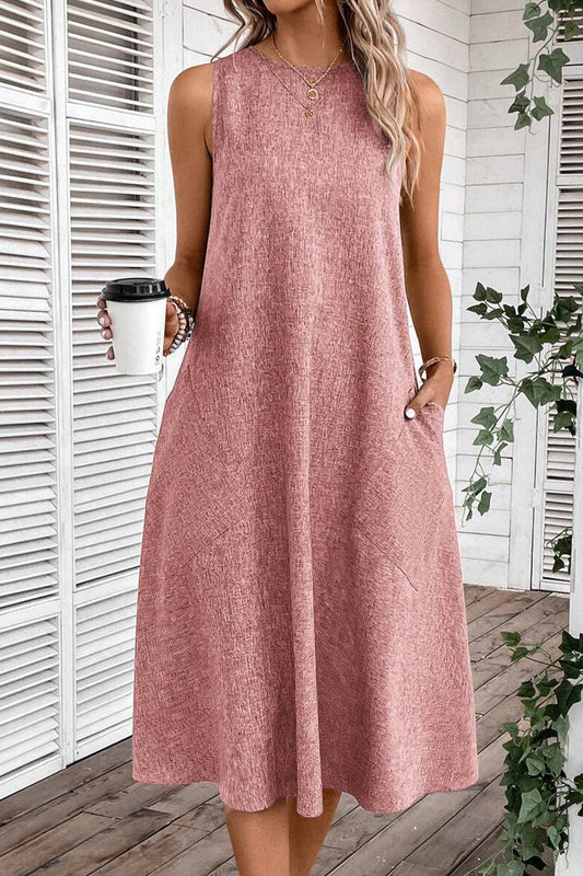 Vestidos casuales sencillos, lisos, con bolsillos y cuello redondo, sin mangas