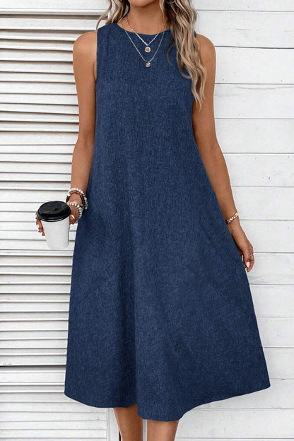 Vestidos casuales sencillos, lisos, con bolsillos y cuello redondo, sin mangas