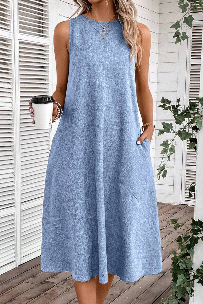 Vestidos casuales sencillos, lisos, con bolsillos y cuello redondo, sin mangas