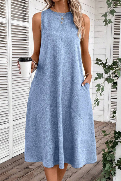 Vestidos casuales sencillos, lisos, con bolsillos y cuello redondo, sin mangas