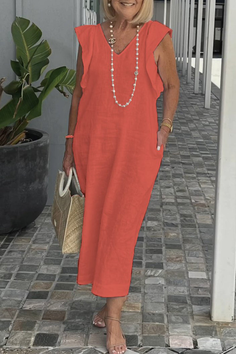 Vestidos casuales de corte A con escote en V, bolsillos y vendaje liso
