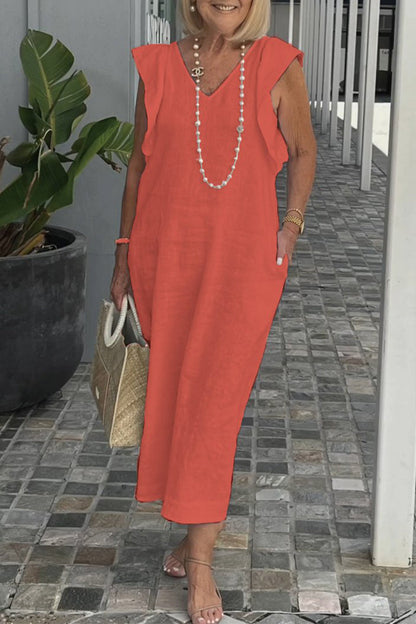 Vestidos casuales de corte A con escote en V, bolsillos y vendaje liso