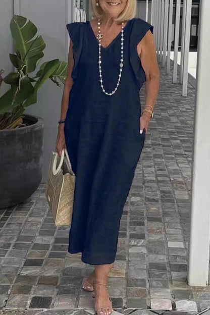 Vestidos casuales de corte A con escote en V, bolsillos y vendaje liso