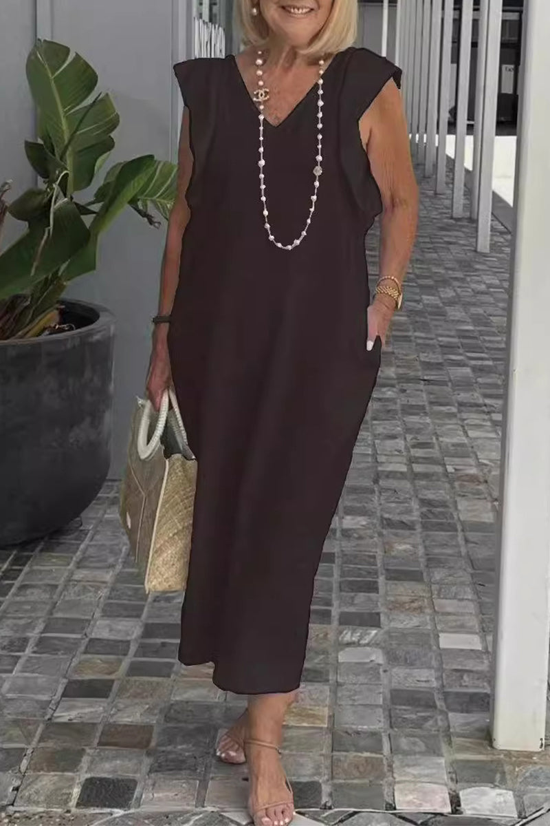 Vestidos casuales de corte A con escote en V, bolsillos y vendaje liso