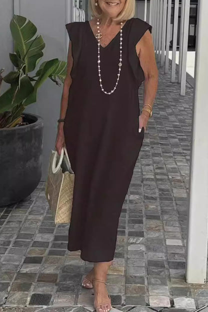 Vestidos casuales de corte A con escote en V, bolsillos y vendaje liso