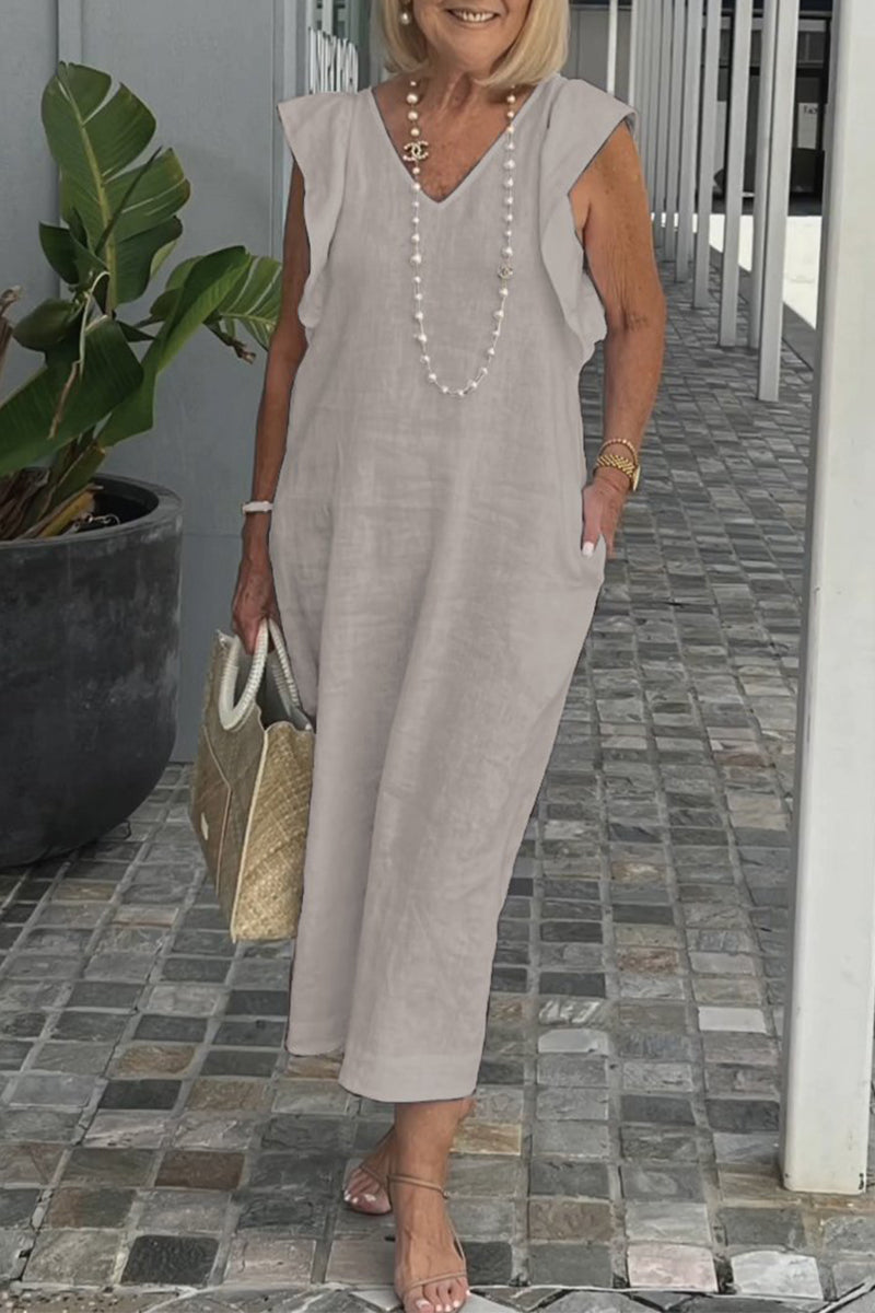 Vestidos casuales de corte A con escote en V, bolsillos y vendaje liso
