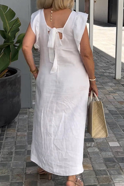 Vestidos casuales de corte A con escote en V, bolsillos y vendaje liso