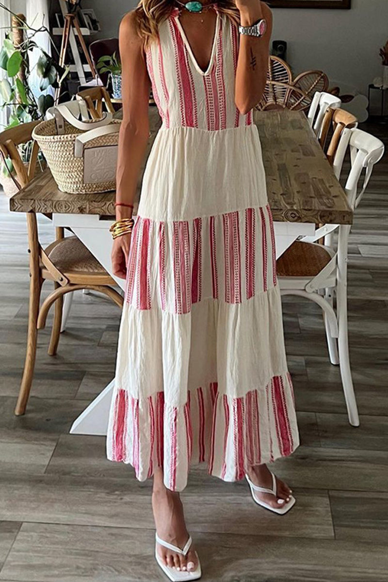 Vestidos casuales de rayas con cuello en V y patchwork