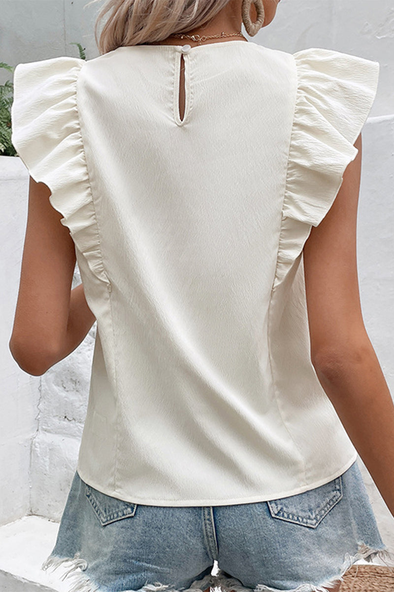 Blusas de cuello redondo con volantes y botones lisos de dulce simplicidad