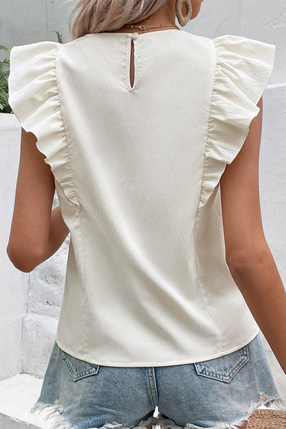 Blusas de cuello redondo con volantes y botones lisos de dulce simplicidad