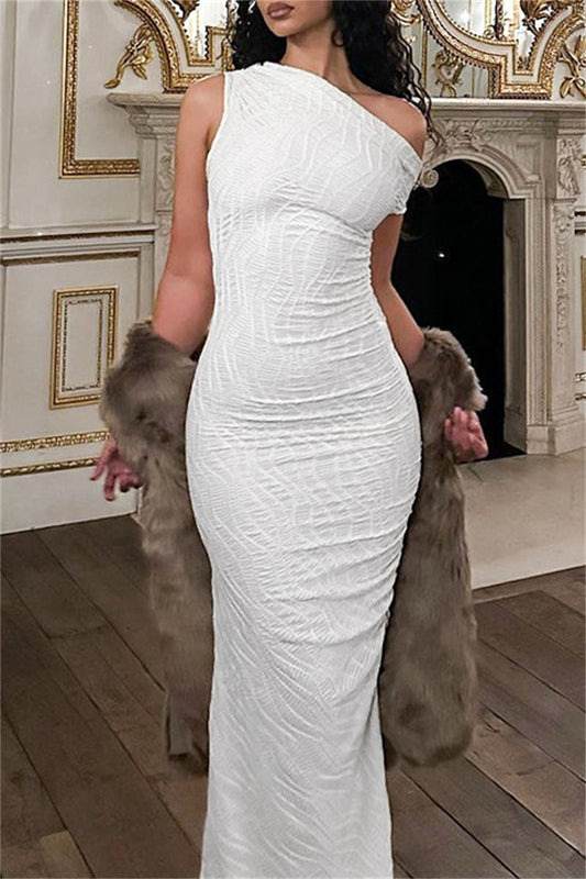 Vestidos largos casuales de cuello oblicuo, básicos y sólidos
