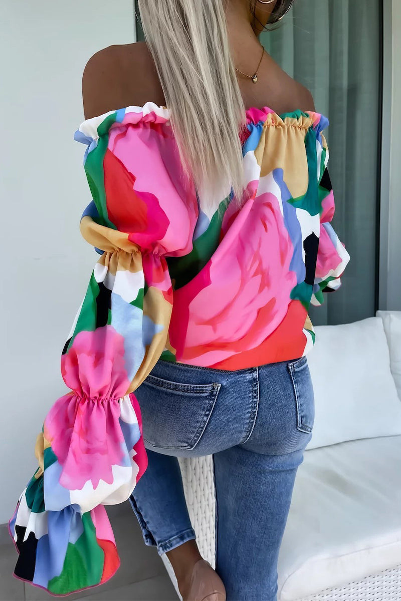 Blusa sexy con estampado de flores y hombros descubiertos en contraste (3 colores)