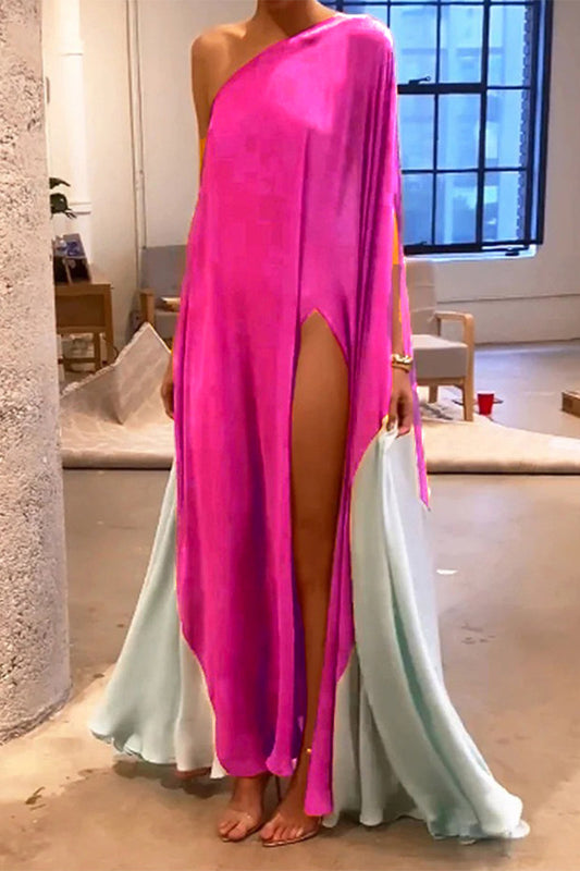 Vestidos casuales vintage de color block con aberturas y cuello oblicuo en contraste