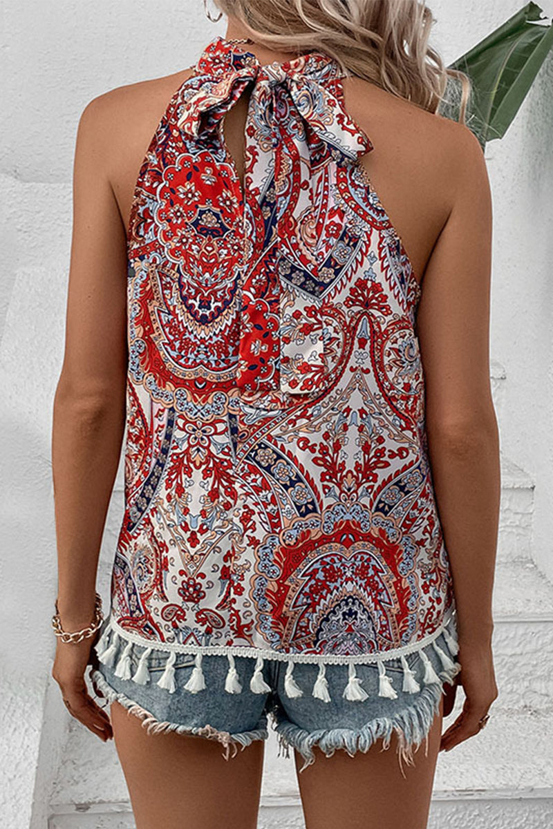 Tops halter asimétricos con borlas y estampado geométrico vintage bohemio