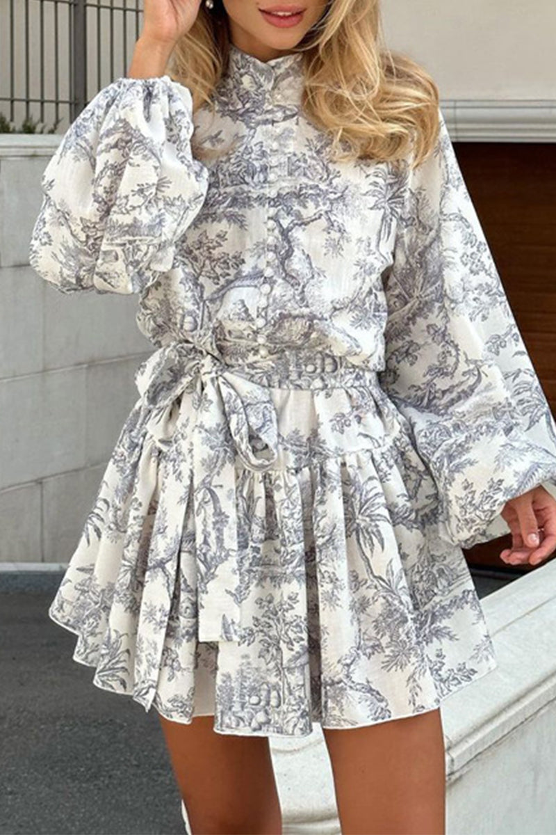 Vestido estilo A con cuello mandarín, estilo vendaje y estampado geométrico elegante vintage