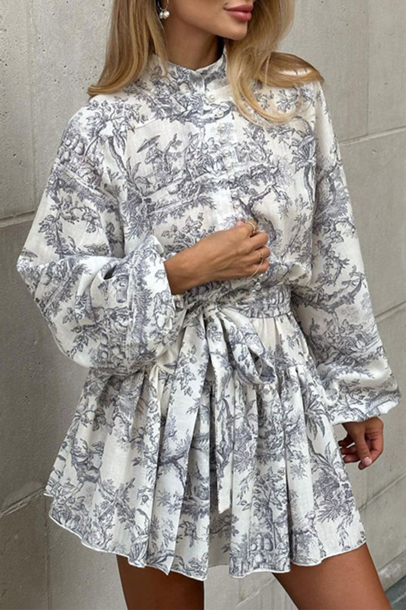 Vestido estilo A con cuello mandarín, estilo vendaje y estampado geométrico elegante vintage