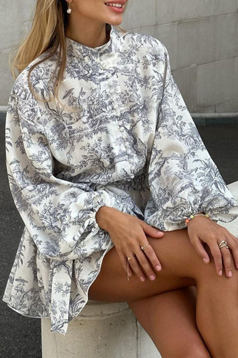 Vestido estilo A con cuello mandarín, estilo vendaje y estampado geométrico elegante vintage