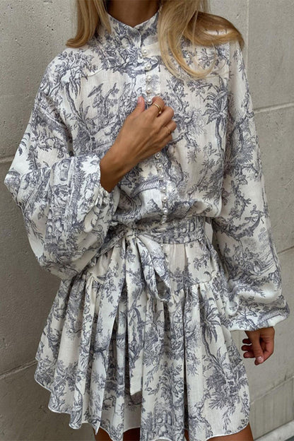 Vestido estilo A con cuello mandarín, estilo vendaje y estampado geométrico elegante vintage