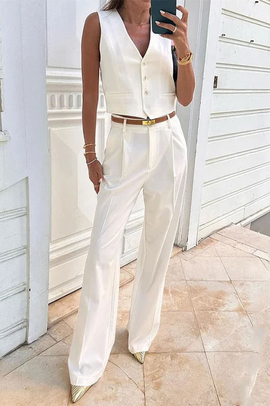 Conjunto informal de dos piezas con cuello en V, sin mangas, botones sólidos, estilo británico