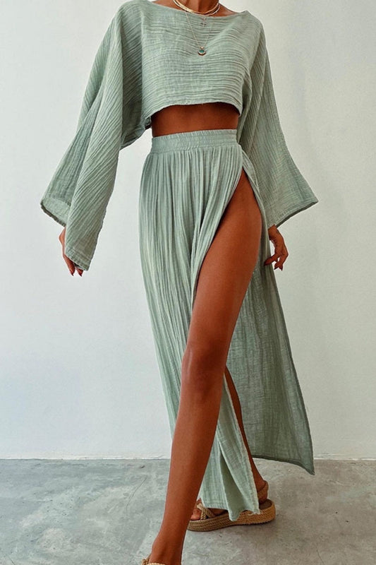 Conjunto informal de dos piezas con cuello redondo, manga larga y abertura lisa