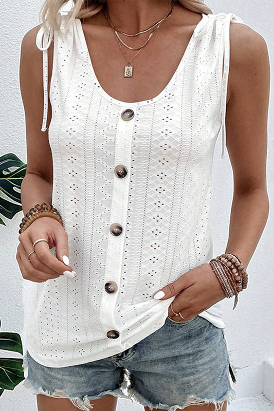 Blusa informal de vacaciones con cuello en U, botones ahuecados y lisos