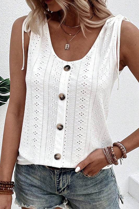 Blusa informal de vacaciones con cuello en U, botones ahuecados y lisos