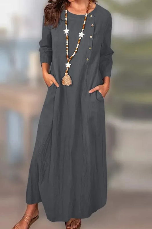 Vestidos casuales de manga larga con cuello redondo, bolsillos y botones sólidos