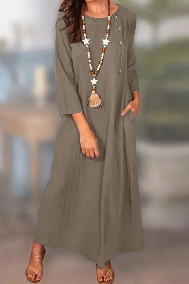 Vestidos casuales de manga larga con cuello redondo, bolsillos y botones sólidos