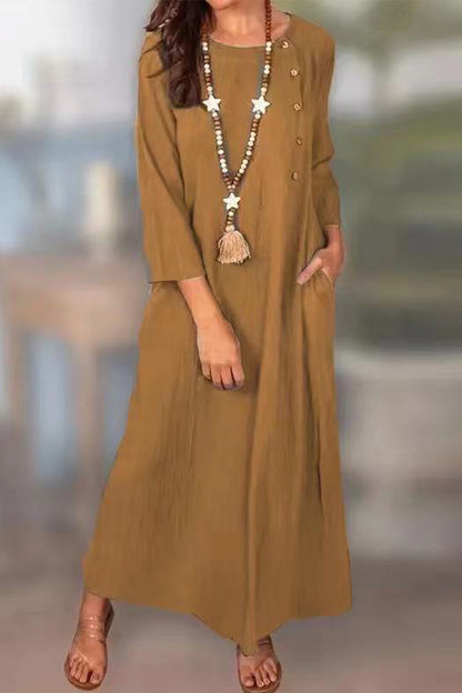 Vestidos casuales de manga larga con cuello redondo, bolsillos y botones sólidos