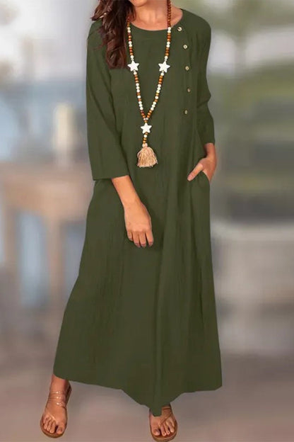 Vestidos casuales de manga larga con cuello redondo, bolsillos y botones sólidos