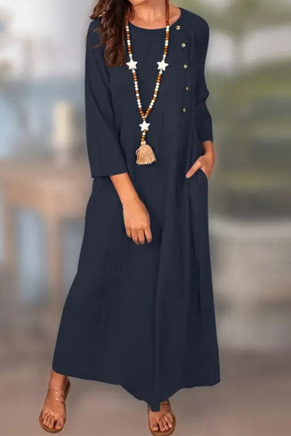 Vestidos casuales de manga larga con cuello redondo, bolsillos y botones sólidos