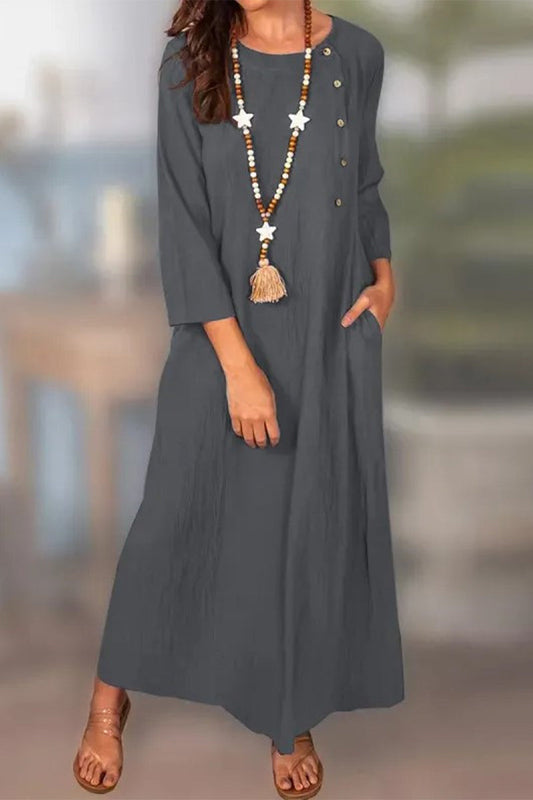 Vestidos casuales de manga larga con cuello redondo, bolsillos y botones sólidos