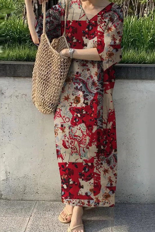 Vestidos casuales vintage con estampado geométrico y cuello en V