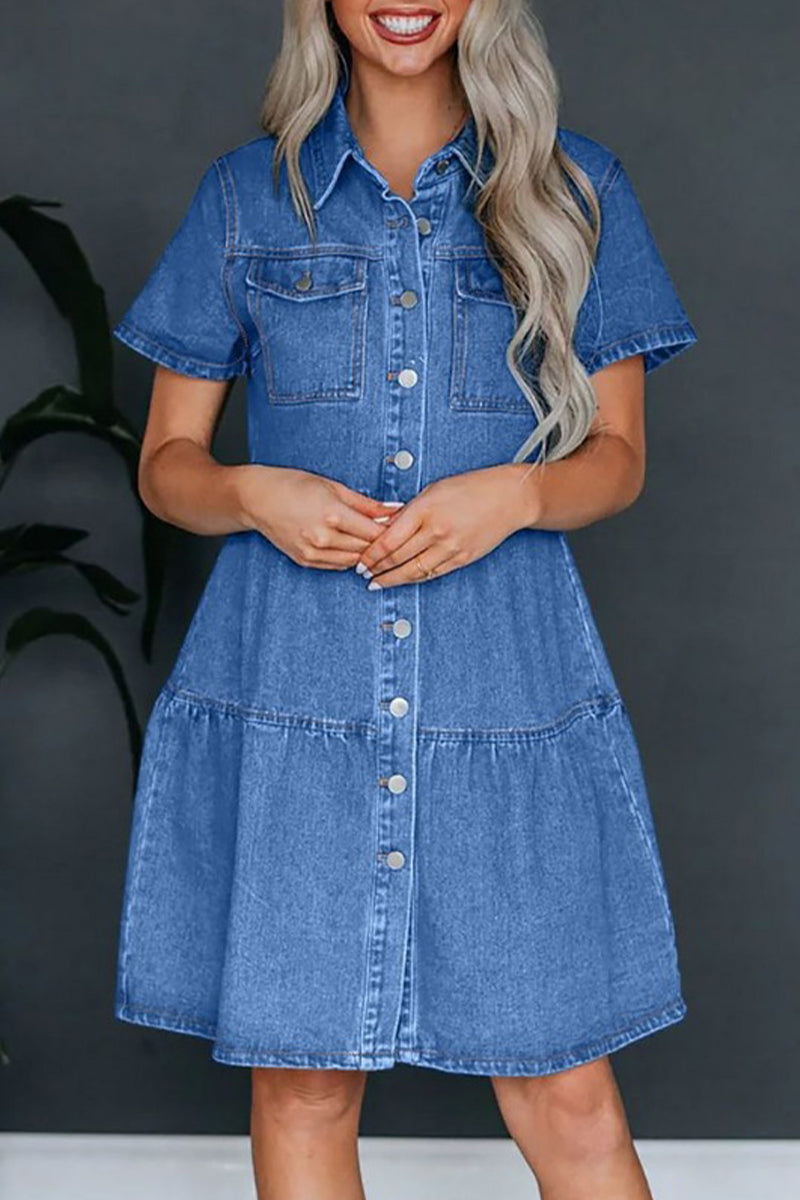 Vestidos vaqueros holgados informales de manga corta con cuello vuelto, bolsillos sólidos y hebilla
