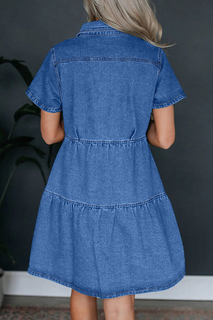 Vestidos vaqueros holgados informales de manga corta con cuello vuelto, bolsillos sólidos y hebilla