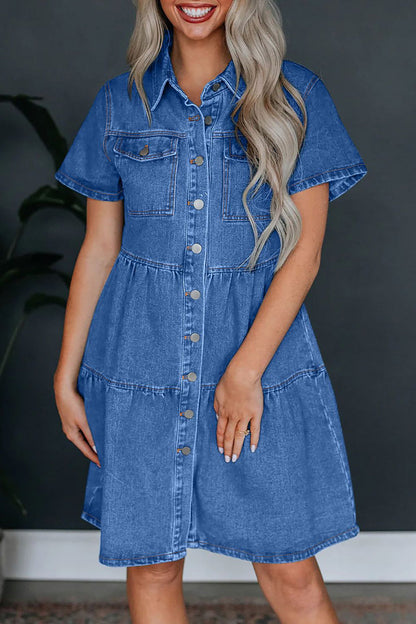 Vestidos vaqueros holgados informales de manga corta con cuello vuelto, bolsillos sólidos y hebilla