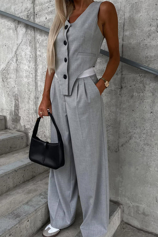 Conjunto informal de dos piezas con cuello en V, sin mangas, estilo británico, liso, con bolsillos y hebilla