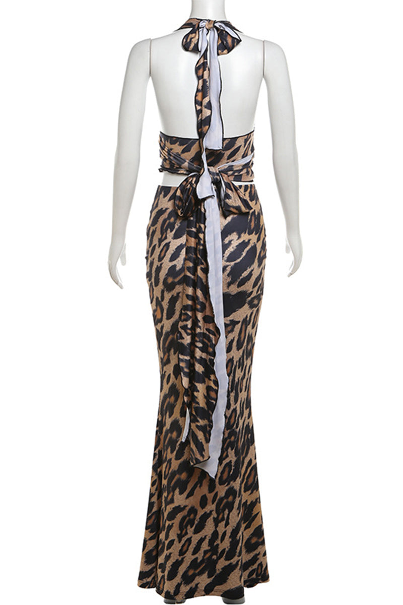 Conjunto de dos piezas con estampado vintage sexy de leopardo, vendaje, espalda descubierta, orillo fibroso, escote en V y sin mangas