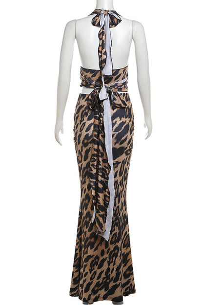 Conjunto de dos piezas con estampado vintage sexy de leopardo, vendaje, espalda descubierta, orillo fibroso, escote en V y sin mangas