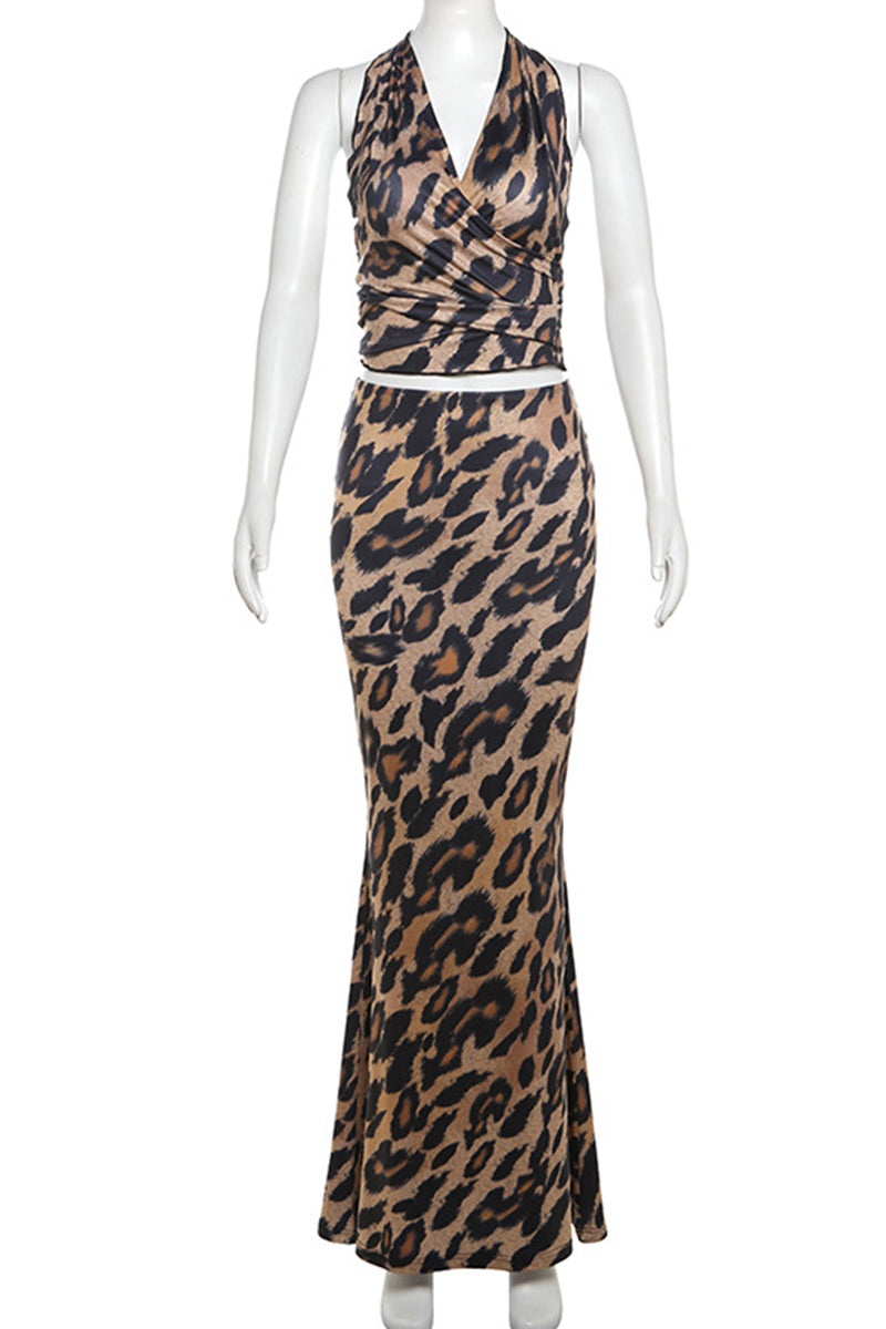 Conjunto de dos piezas con estampado vintage sexy de leopardo, vendaje, espalda descubierta, orillo fibroso, escote en V y sin mangas