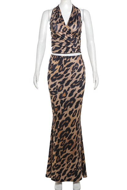 Conjunto de dos piezas con estampado vintage sexy de leopardo, vendaje, espalda descubierta, orillo fibroso, escote en V y sin mangas