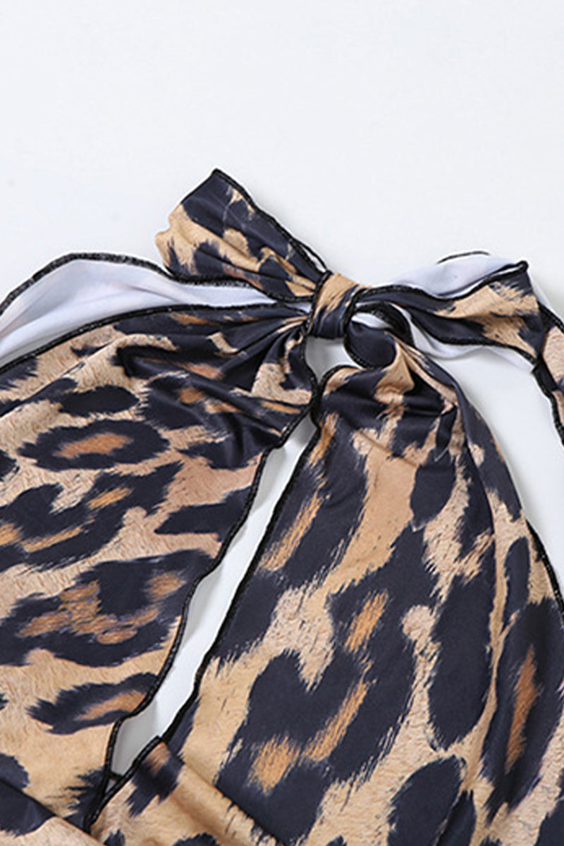 Conjunto de dos piezas con estampado vintage sexy de leopardo, vendaje, espalda descubierta, orillo fibroso, escote en V y sin mangas