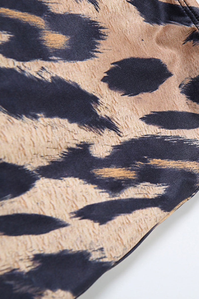Conjunto de dos piezas con estampado vintage sexy de leopardo, vendaje, espalda descubierta, orillo fibroso, escote en V y sin mangas