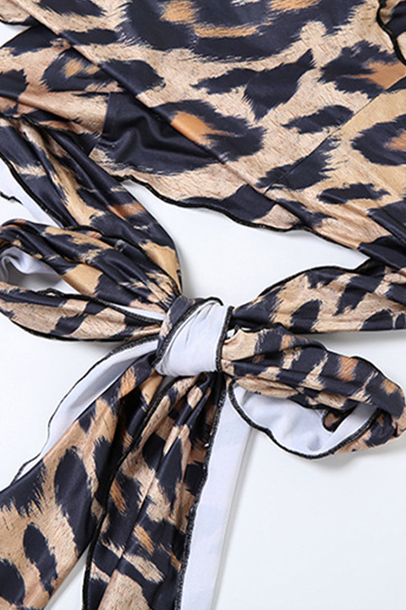 Conjunto de dos piezas con estampado vintage sexy de leopardo, vendaje, espalda descubierta, orillo fibroso, escote en V y sin mangas