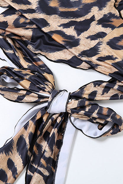 Conjunto de dos piezas con estampado vintage sexy de leopardo, vendaje, espalda descubierta, orillo fibroso, escote en V y sin mangas