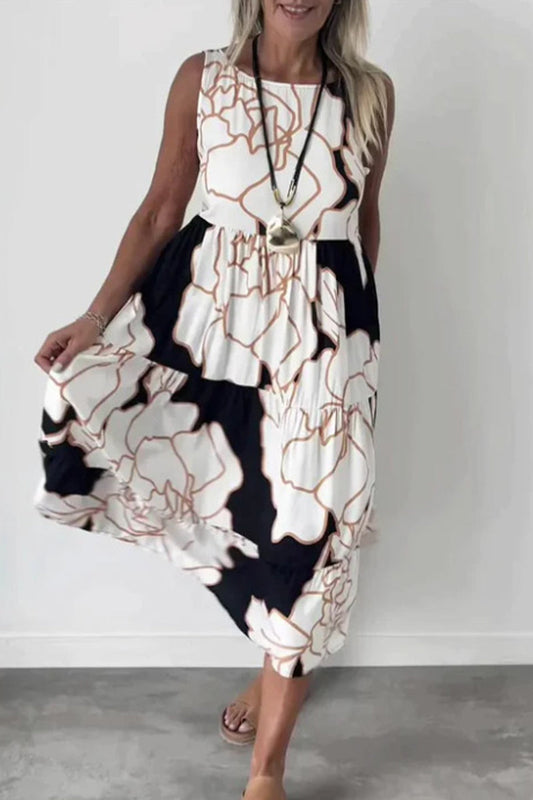 Vestidos casuales vintage con estampado de flores y patchwork, cuello redondo, sin mangas (3 colores)