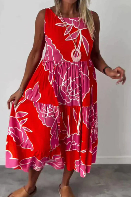 Vestidos casuales vintage con estampado de flores y patchwork, cuello redondo, sin mangas (3 colores)